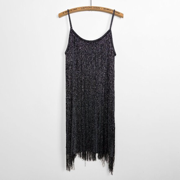 Next Dresses Womens Metallic Fringe Mini Flapper Dress Black 14 New Years Party - Picture 1 of 5